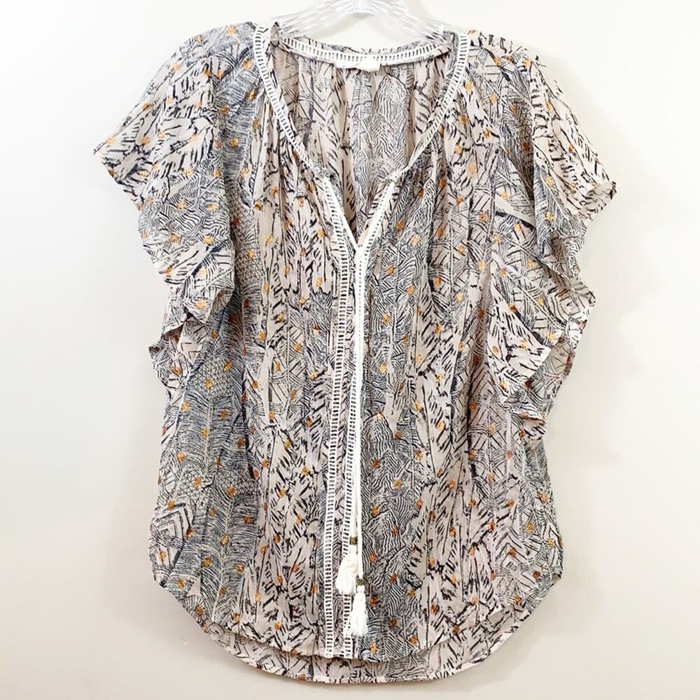 Anthro Meadow Rue Sheer Tan Flutter Sleeve Top